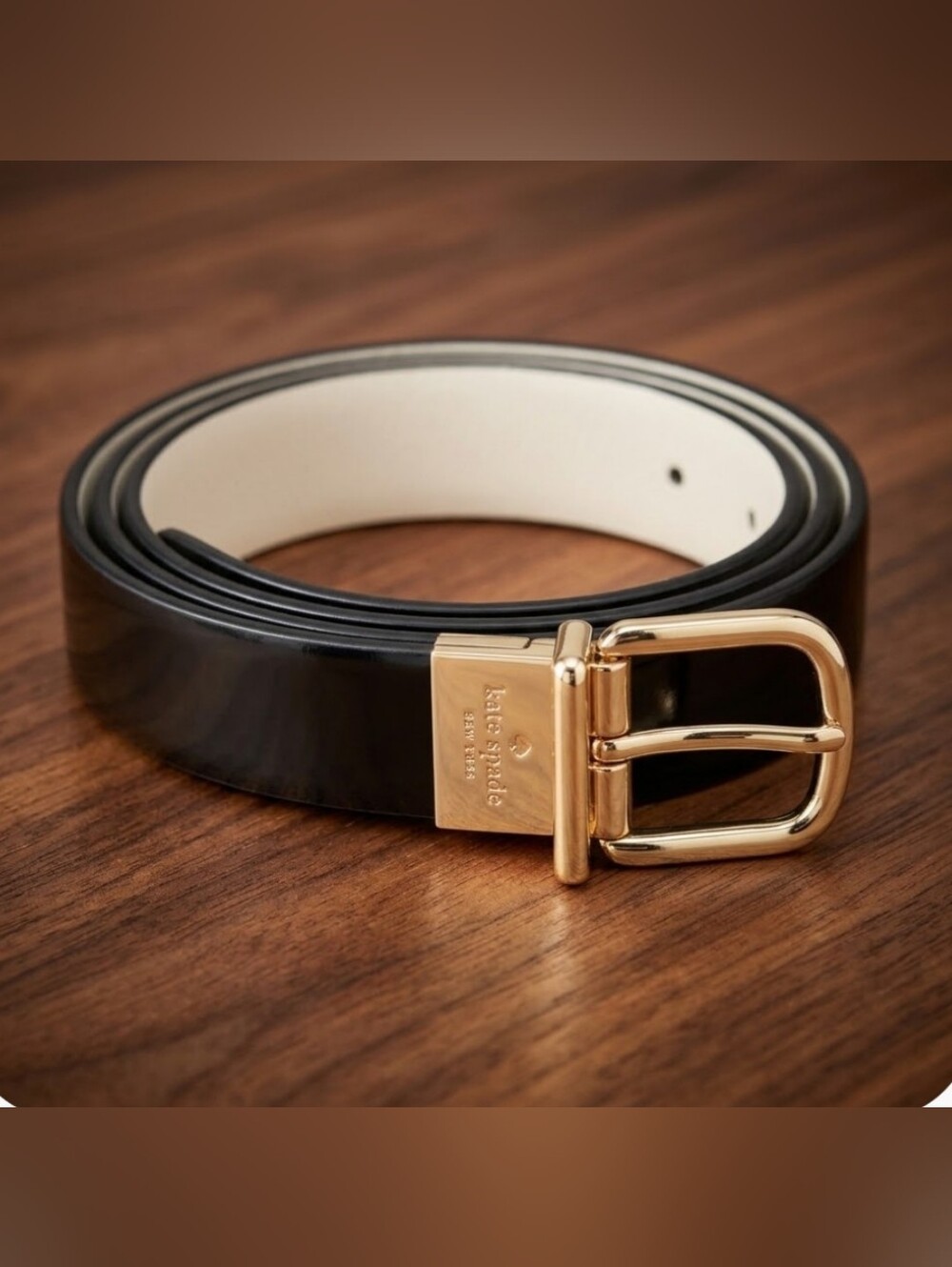 NEW! kate spade Black/Cream Leather Belt with Gold Buckle Reversible Sz Medium